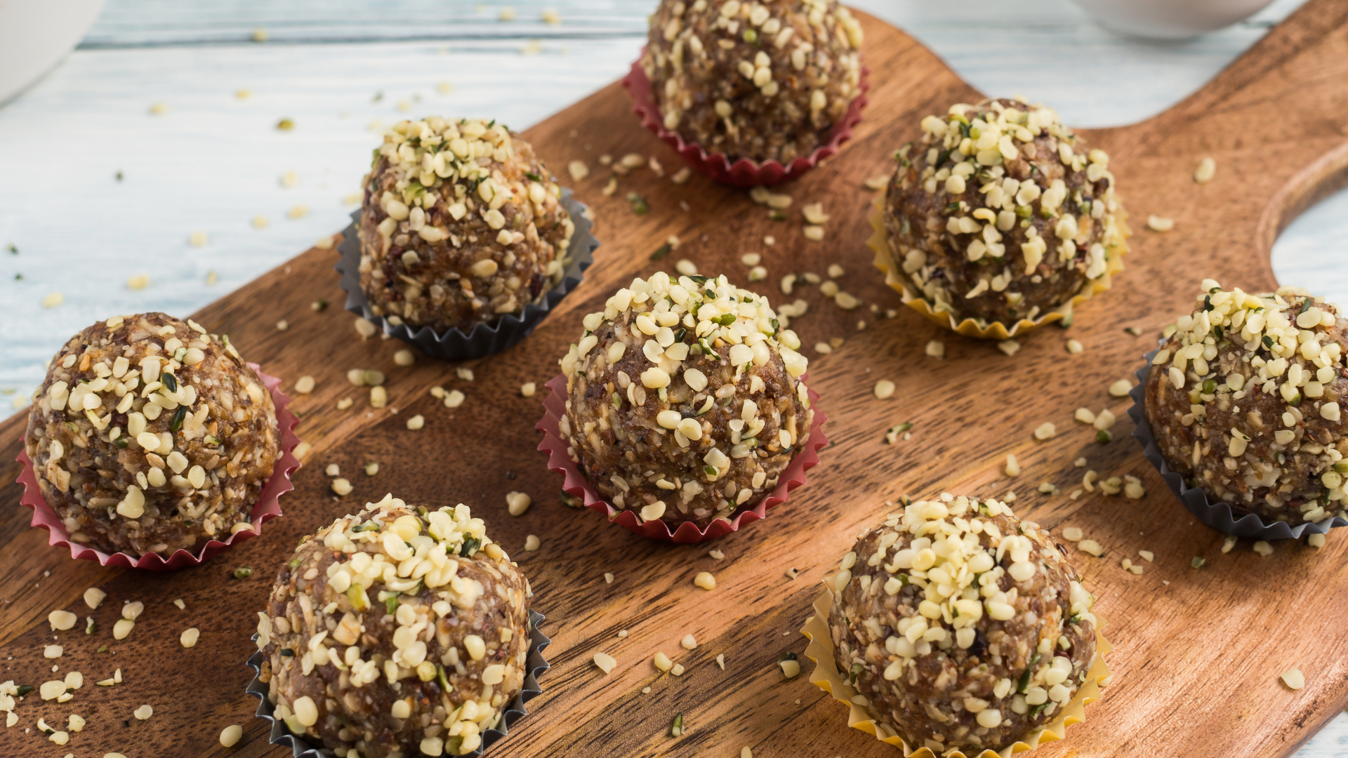 protein and fiber rich energy bites on wooden board